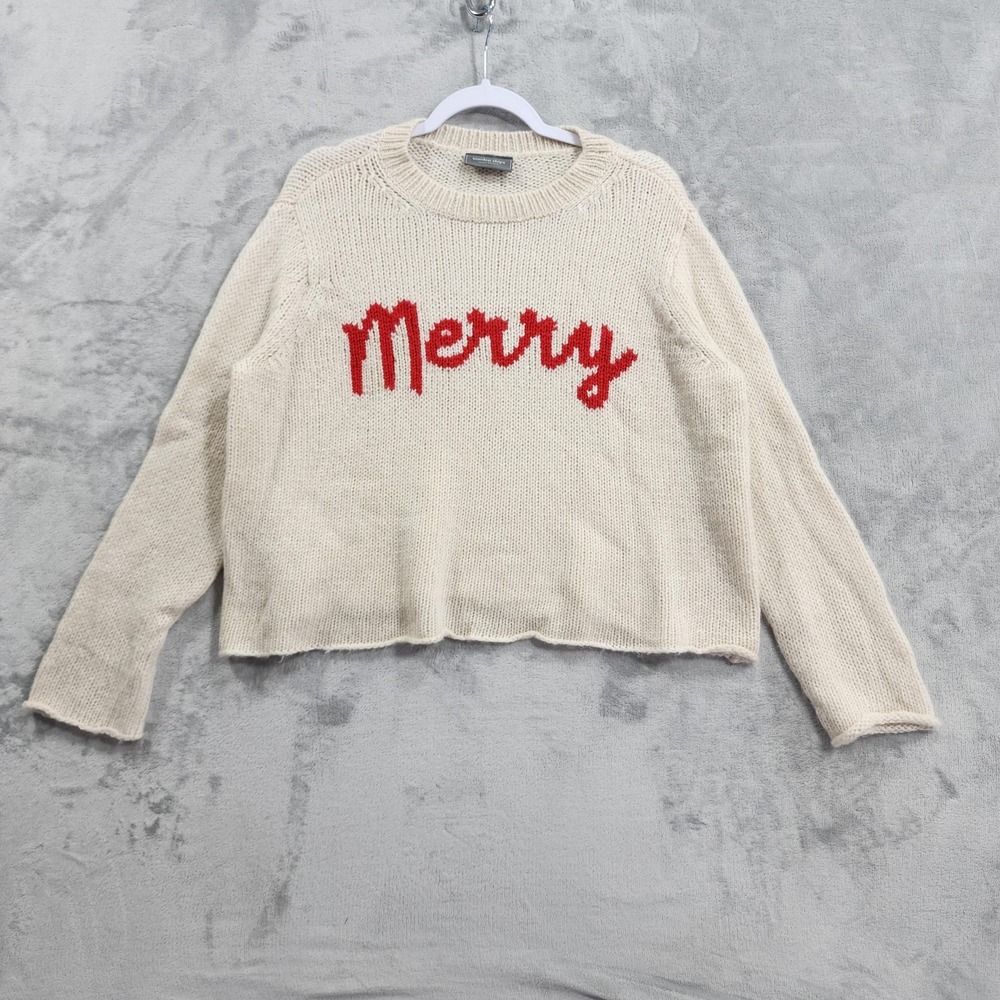 Wooden Ships Sweater Womens S/M Beige Red Mohair Wool Merry Christmas Pullover